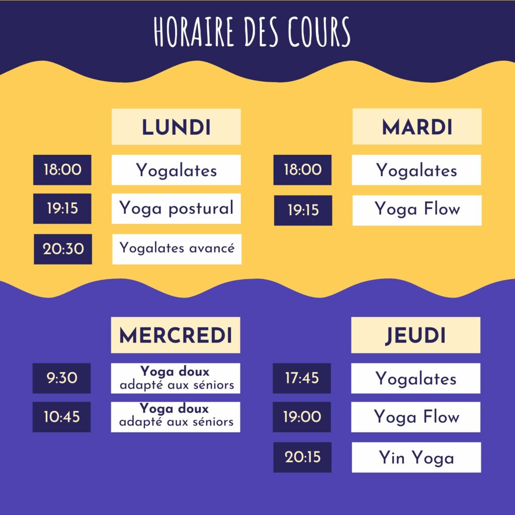 Horaire des cours de Yoga et Pilates à Braine-le-Comte. Cours dispensés du lundi au jeudi, en soirée et en journée.